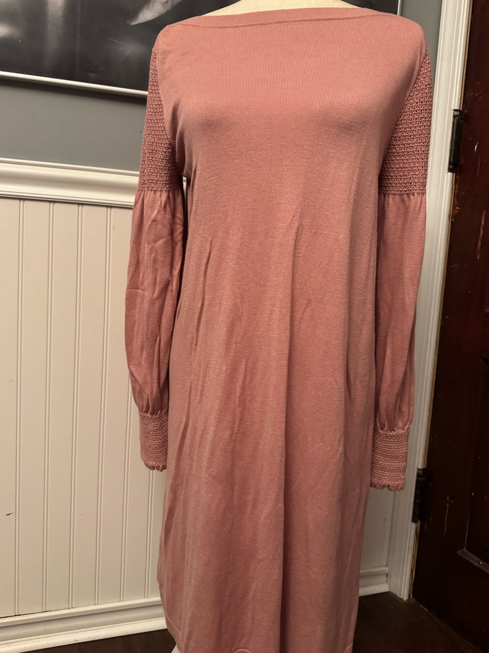 Ann Taylor Sweater Dress Dusty Rose Pink Crochet Sleeve Knit Midi Size Large